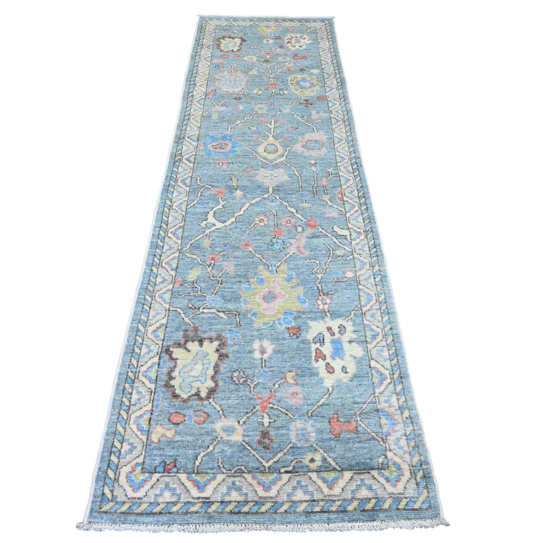 2'9"x9'9" Cerulean Blue, Anatolian Village Inspired with All Over Leaf Design, Hand Knotted, High Mountain Wool, Vegetable Dyes, Runner, Oriental Rug HR20701