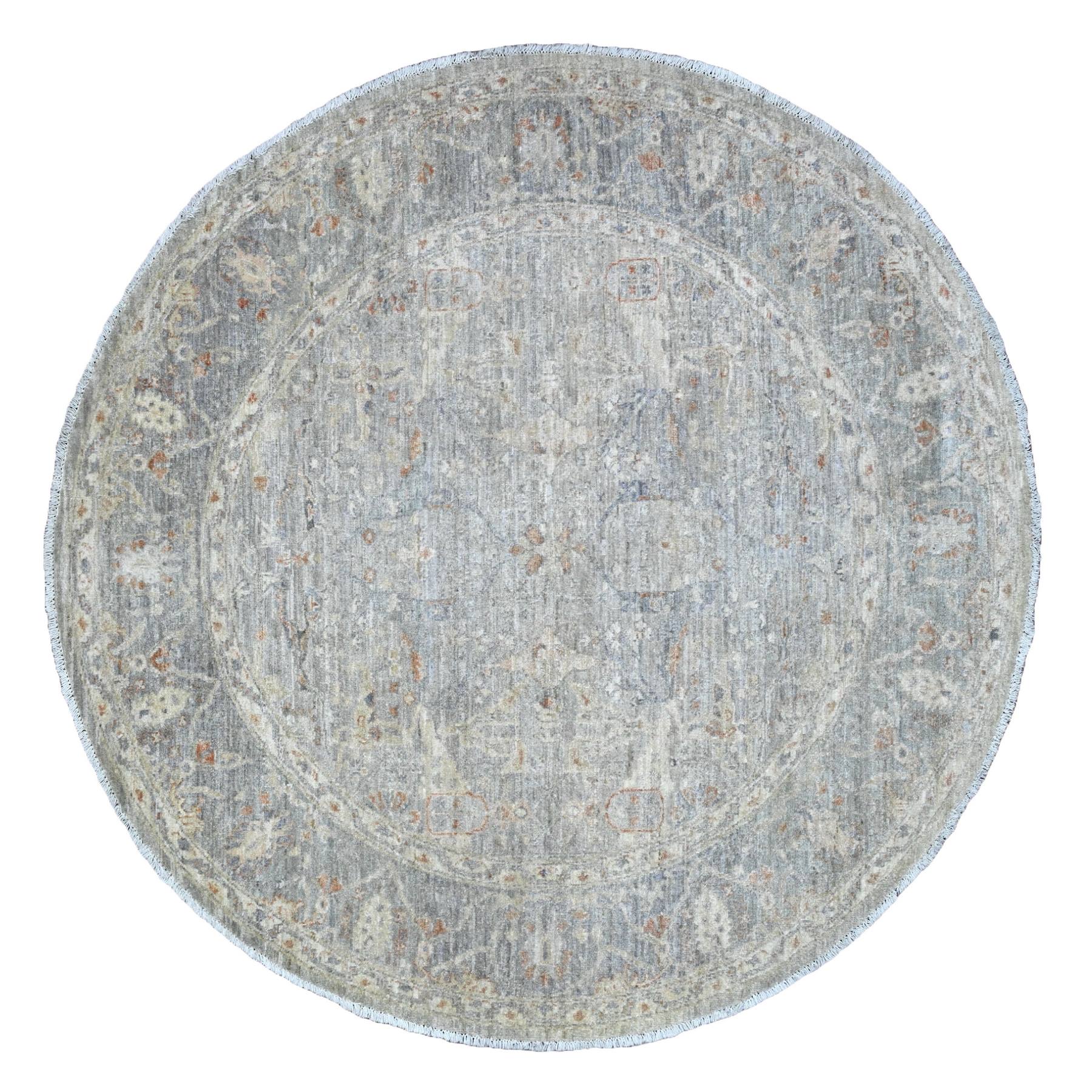 6'x6' Fossil Gray, Washed Out Peshawar with Ziegler Mahal Design, High Mountain Wool, Hand Knotted, Densely Woven, Round, Oriental HRg Shv