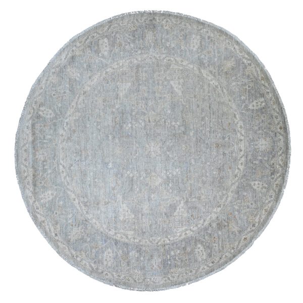 7'9"x7'9" Cloud Gray, Washed Out Peshawar with Ziegler Mahal Design, Hand Knotted, High Mountain Wool, Densely Woven, Round, Oriental Rug HR20731