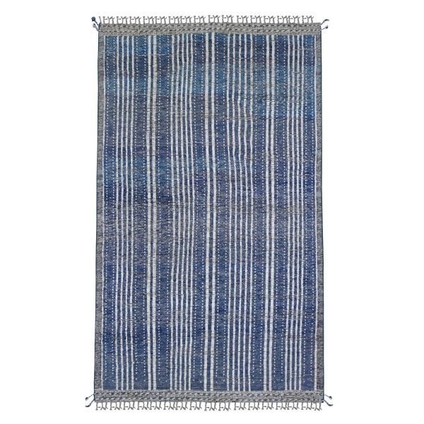 6'x10'4" Aegean Blue, Moroccan Weave with Line Design, Soft Wool, Hand Knotted, Tone on Tone, Textured Pile, Oriental Rug HR20741