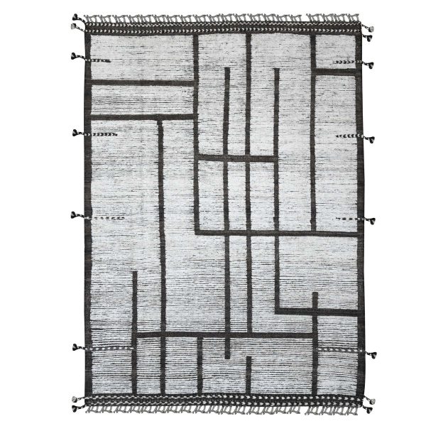 6'6"x9' Daisy White, Moroccan Weave with Maze Design, Geometric Pattern, Soft Wool, Hand Knotted, Tone on Tone, Textured Pile, Oriental Rug HR20743