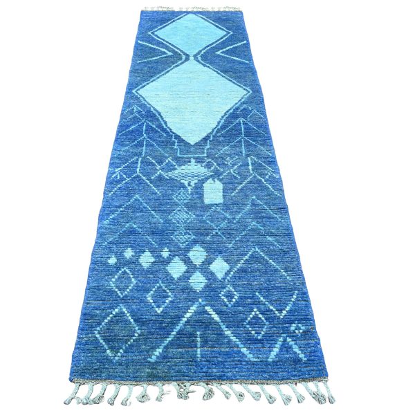 2'10"x10'3" Bayern Blue, Moroccan Weave with Geometric Pattern, Soft Wool, Hand Knotted, Tone on Tone, Textured Pile, Runner, Oriental Rug HR20746