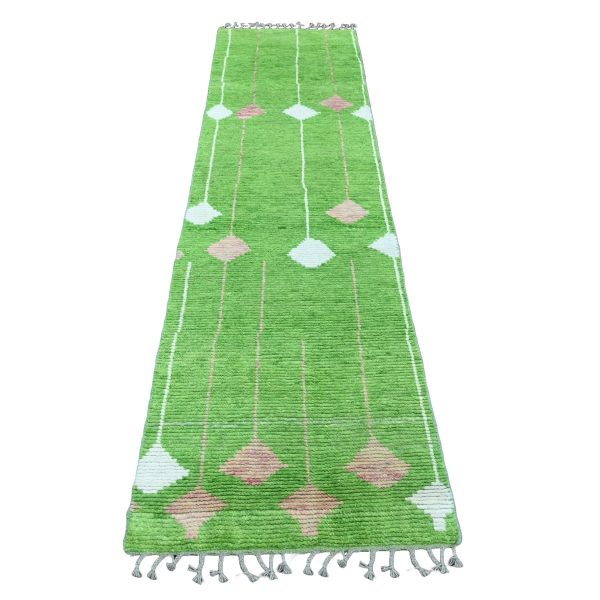 2'6"x9'1" Fern Green, Moroccan Weave with Flying Kite Design, Geometric Pattern, Hand Knotted, Soft Wool, Tone on Tone, Textured Pile, Runner, Oriental Rug HR20747