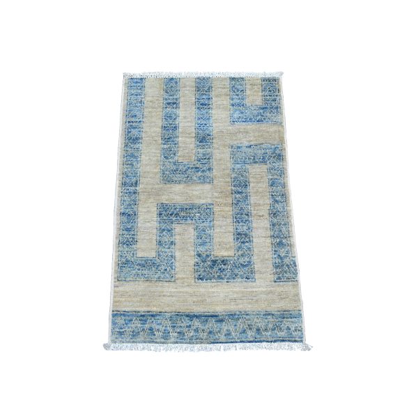 2'x3'1" Carolina Blue with Ivory, Geometric Design, Berber Influence, Denser Weave, High Mountain Wool, Hand Knotted, Mat, Sample, Oriental Rug HR20824