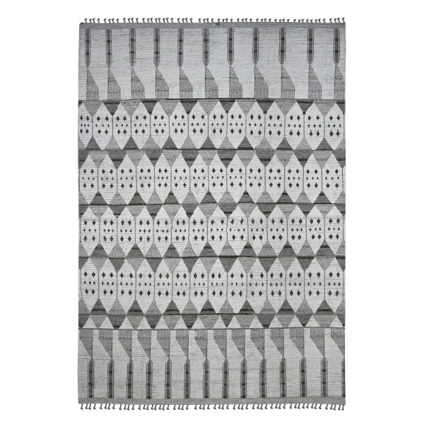 9'3"x13'2" Cotton White, Moroccan Weave with Geometric Pattern, Soft Wool, Hand Knotted, Tone on Tone, Textured Pile, Oriental Rug HR20832