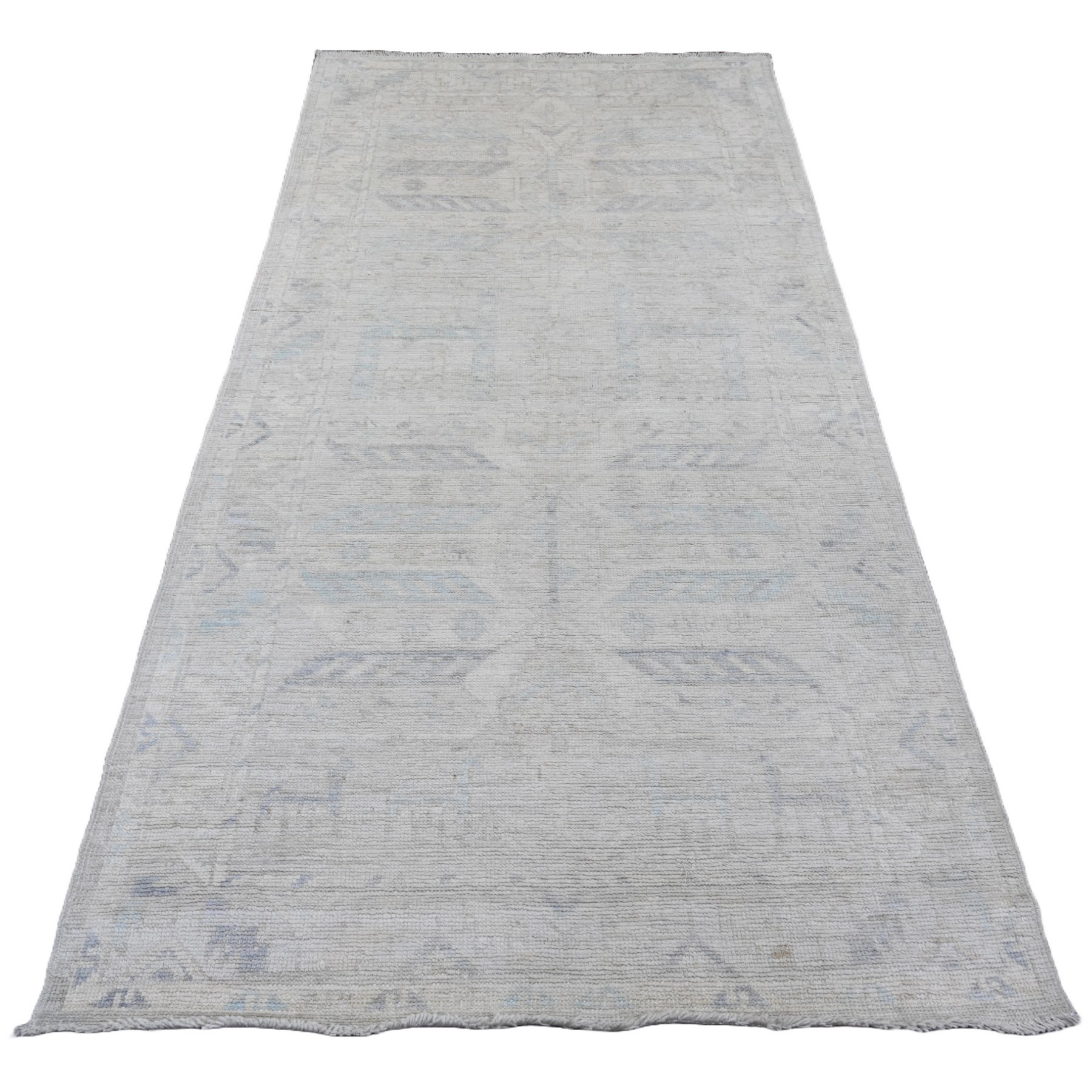 4'1"x8' Oyster Gray, Washed Out Anatolian Village Inspired with Geometric Design, High Mountain Wool, Hand Knotted, Wide Runner, Oriental Rug HR20862