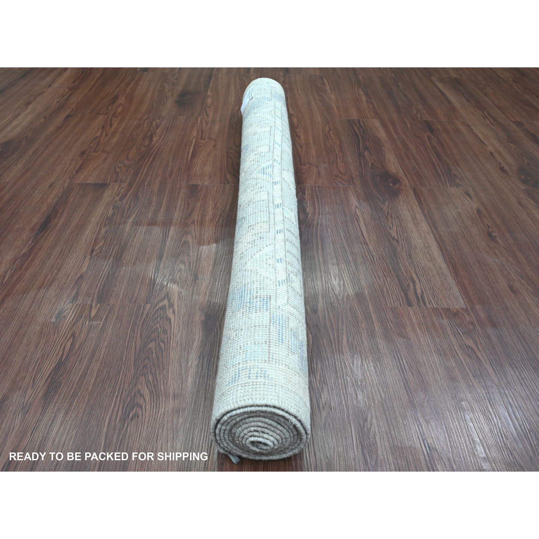 4'1"x8' Oyster Gray, Washed Out Anatolian Village Inspired with Geometric Design, High Mountain Wool, Hand Knotted, Wide Runner, Oriental Rug HR20862 - Image 4