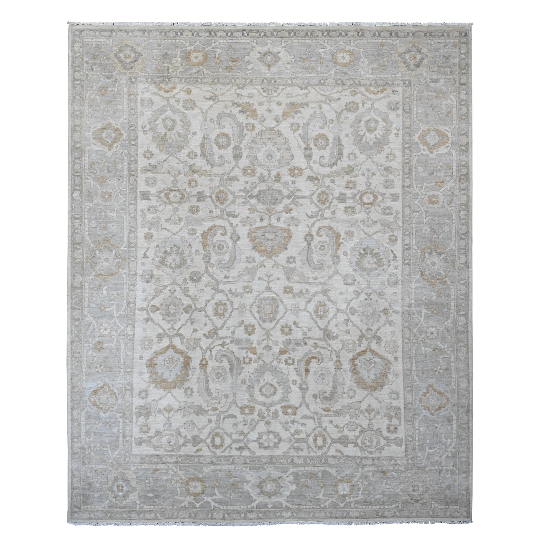 9'x11' Pearl White, Peshawar with Heriz All Over Design, Hand Knotted, Densely Woven, Aryana Collection, High Mountain Wool, Vegetable Dyes, Oriental Rug HR20918