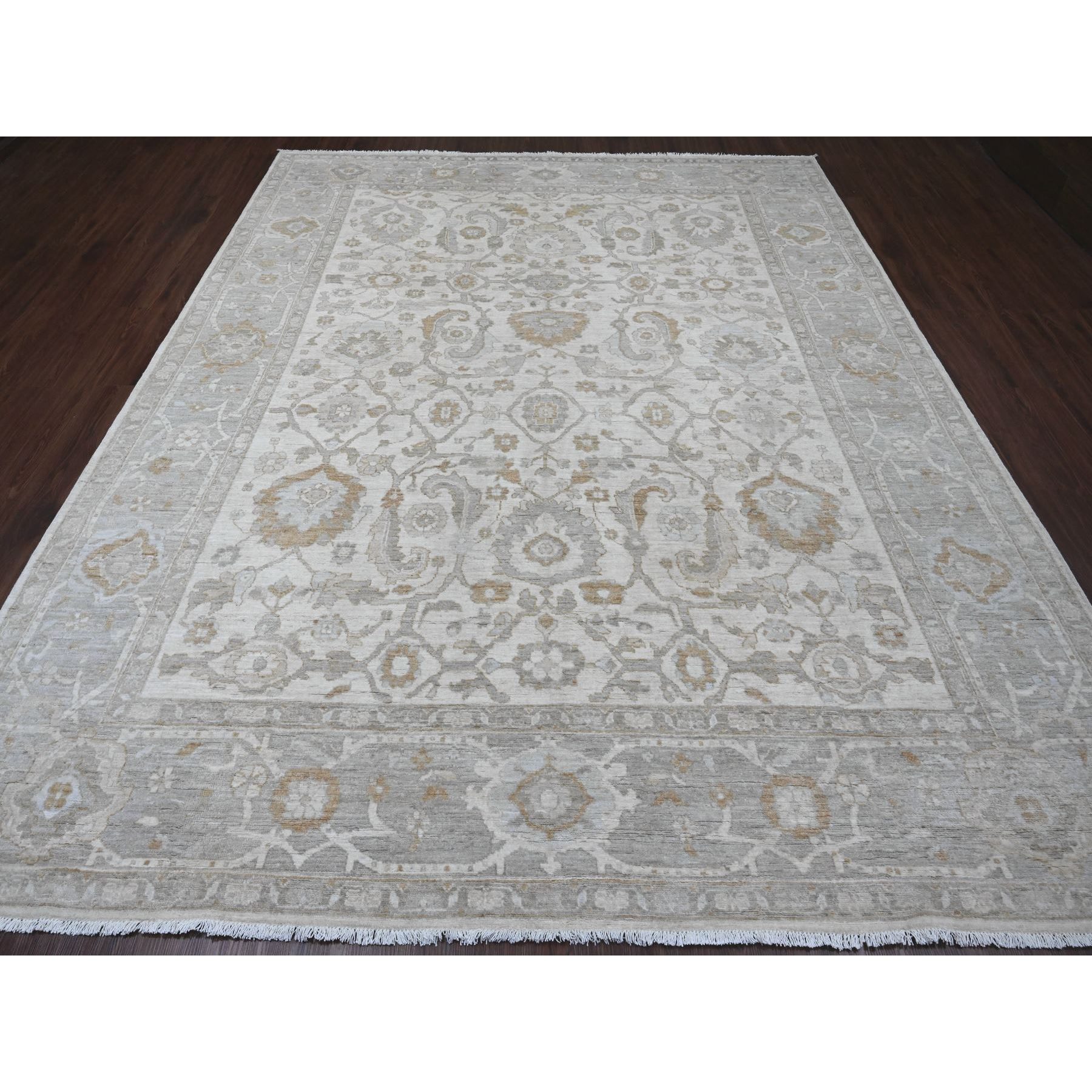 9'x11' Pearl White, Peshawar with Heriz All Over Design, Hand Knotted, Densely Woven, Aryana Collection, High Mountain Wool, Vegetable Dyes, Oriental Rug HR20918 - Image 2