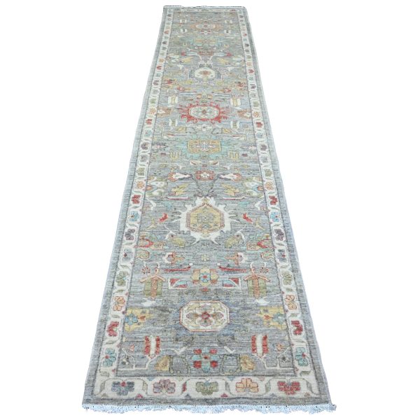2'7"x12'3" Medium Gray, Peshawar with Heriz Design, High Mountain Wool, Hand Knotted, Densely Woven, Vegetable Dyes, Runner, Oriental Rug HR20920