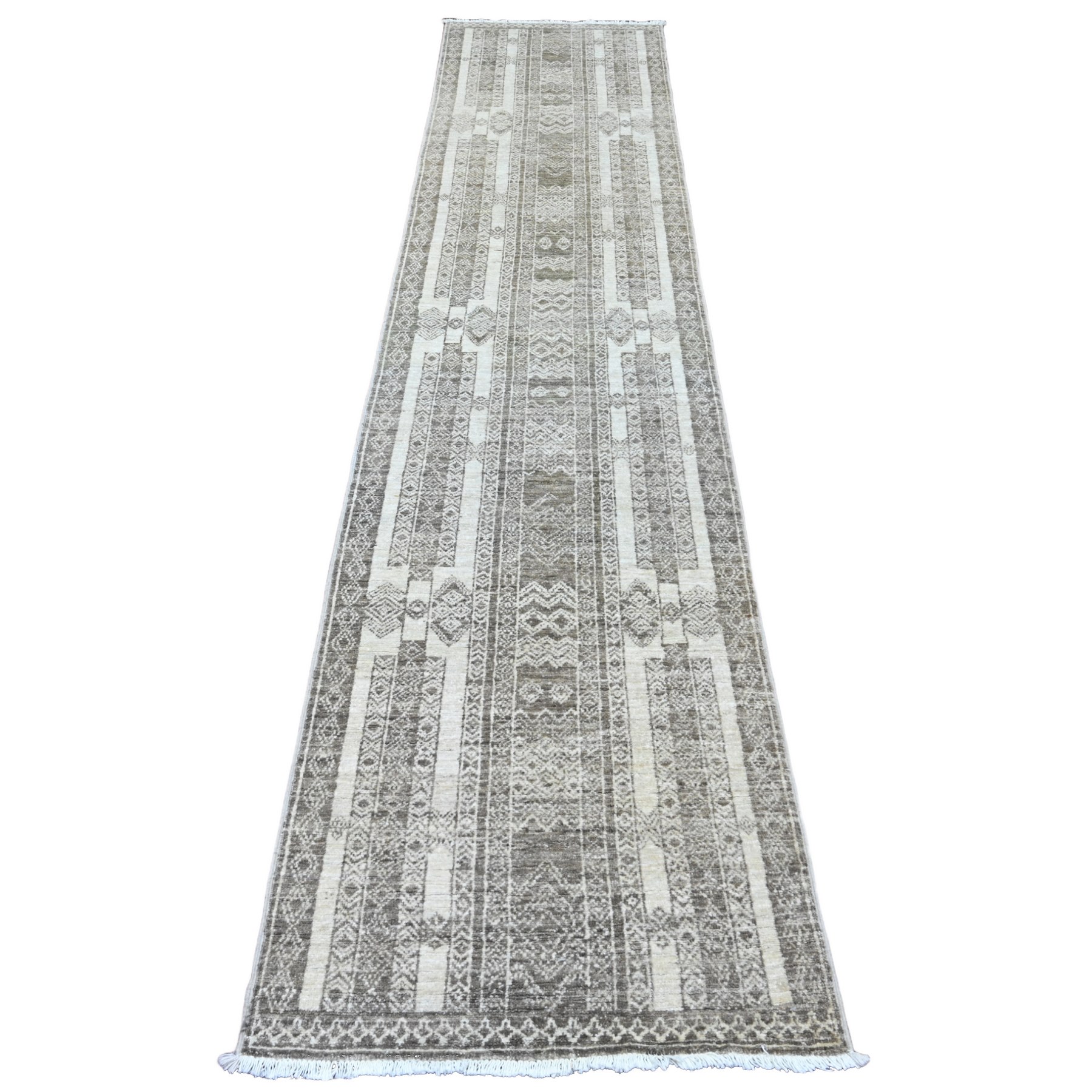 2'5"x11'6" Mocha Brown, Moroccan Berber Influence with Geometric Pattern, High Mountain Wool, Denser Weave, Hand Knotted, Runner, Oriental Rug HR20937
