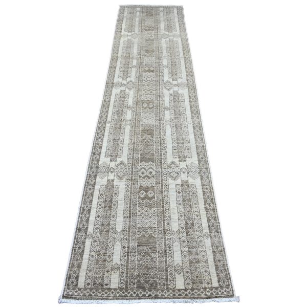 2'6"x11'6" Coffee Brown, Moroccan Berber Influence with Geometric Pattern, Denser Weave, High Mountain Wool, Hand Knotted, Runner, Oriental Rug HR20939