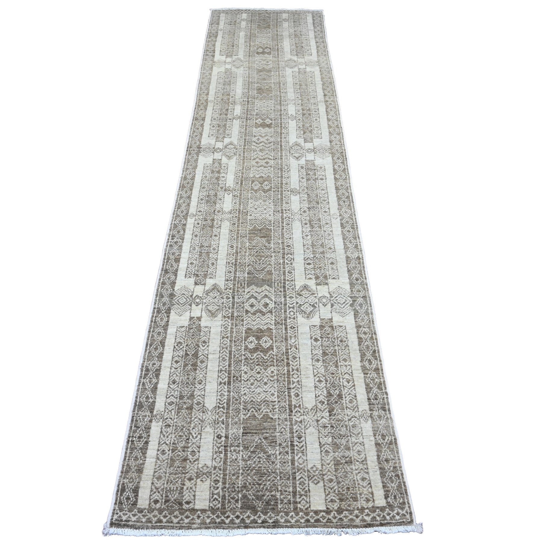 2'6"x11'6" Coffee Brown, Moroccan Berber Influence with Geometric Pattern, Denser Weave, High Mountain Wool, Hand Knotted, Runner, Oriental Rug HR20939