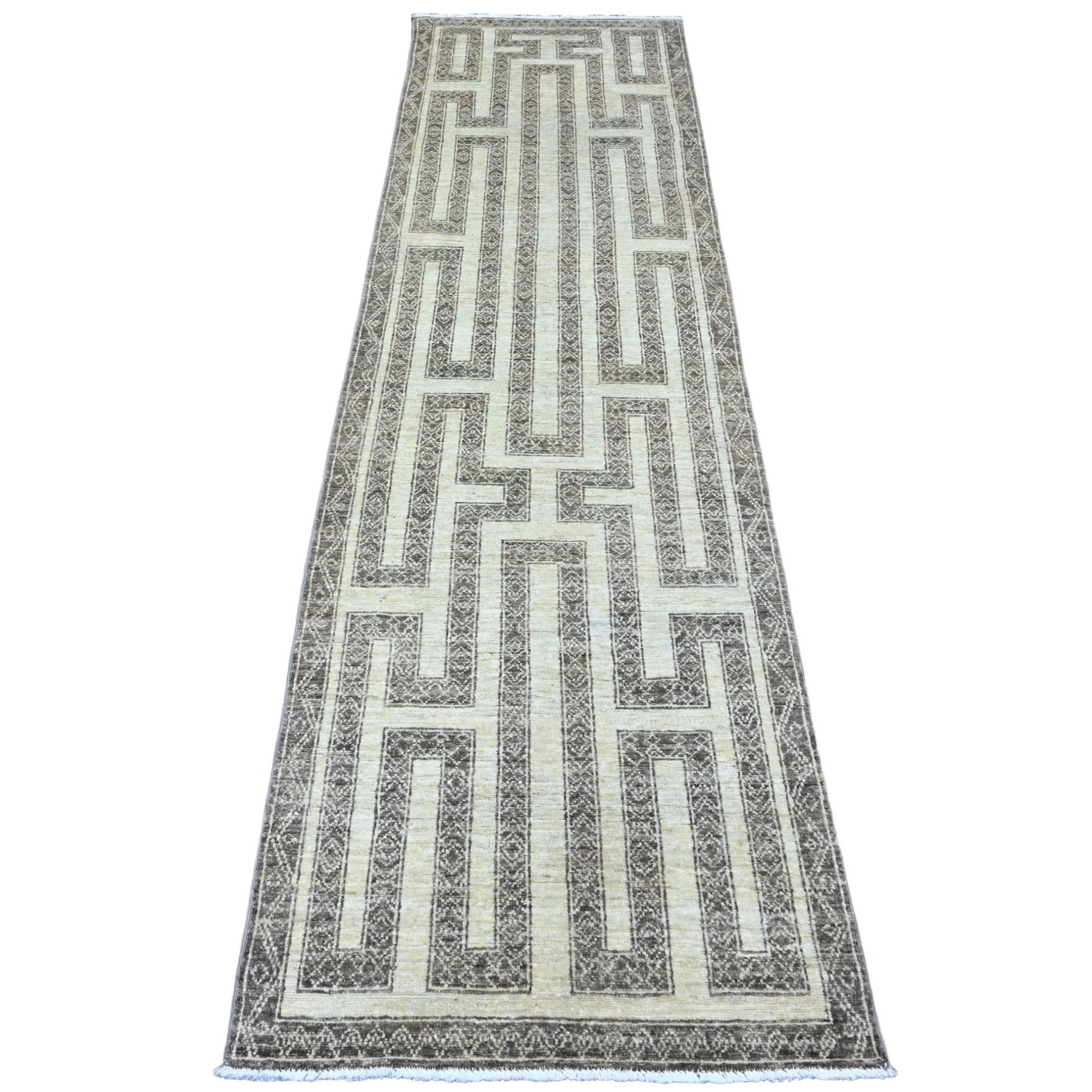 2'7"x9'5" Cedar Brown, Moroccan Berber Influence with Maze Design, Geometric Pattern, Denser Weave, High Mountain Wool, Hand Knotted, Runner, Oriental Rug HR20940