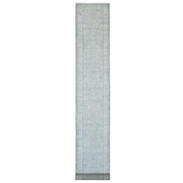 2'6"x19'2" Medium Gray, Washed Out Peshawar with Heriz Design, High Mountain Wool, Densely Woven, Hand Knotted, Vegetable Dyes, XL Runner, Oriental Rug HR20945