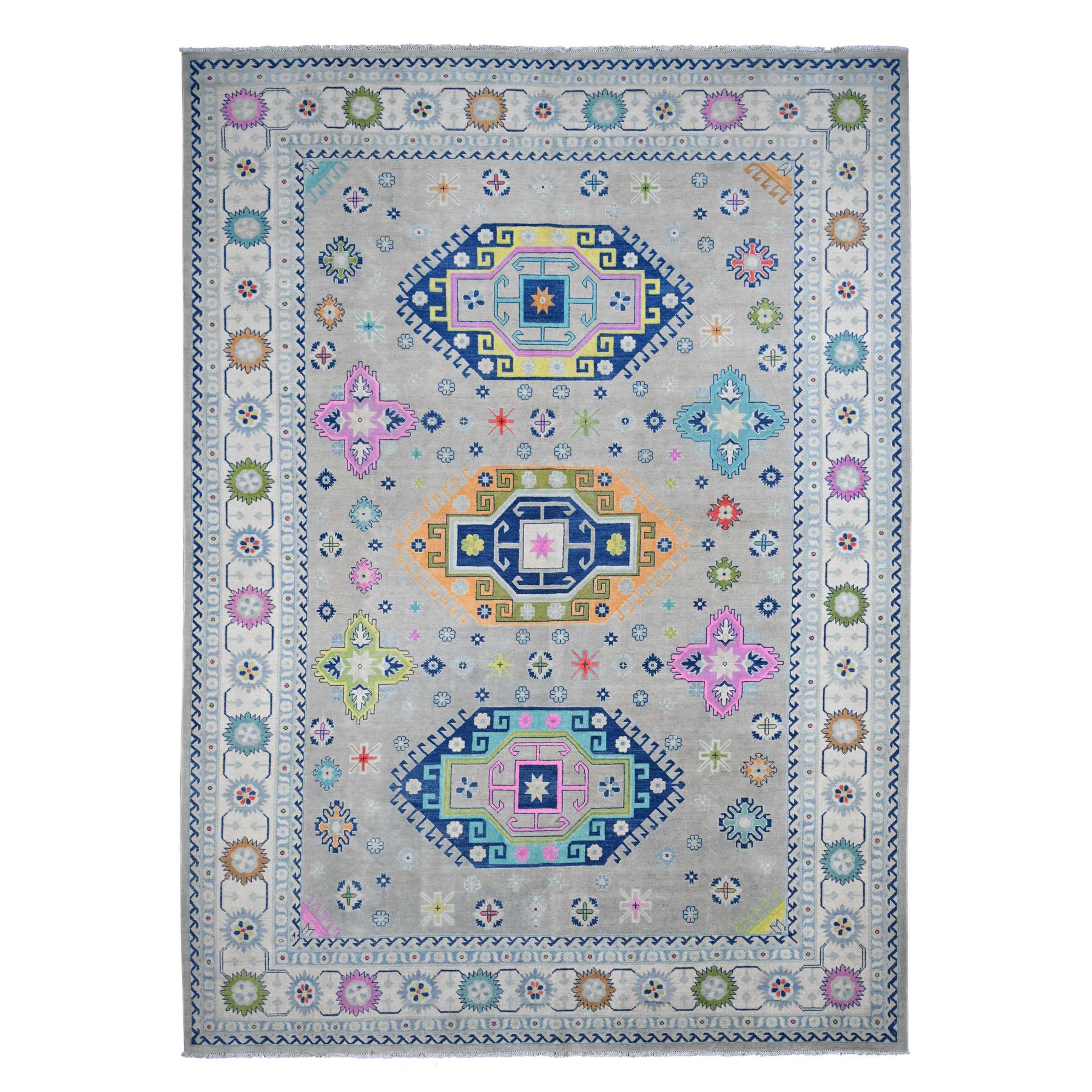 9'7"x13'4" Cloud Gray, Colorful Fusion Kazak, Caucasian Design with Geometric Medallions, 100% Wool, Hand Knotted, Oriental Rug HR20974