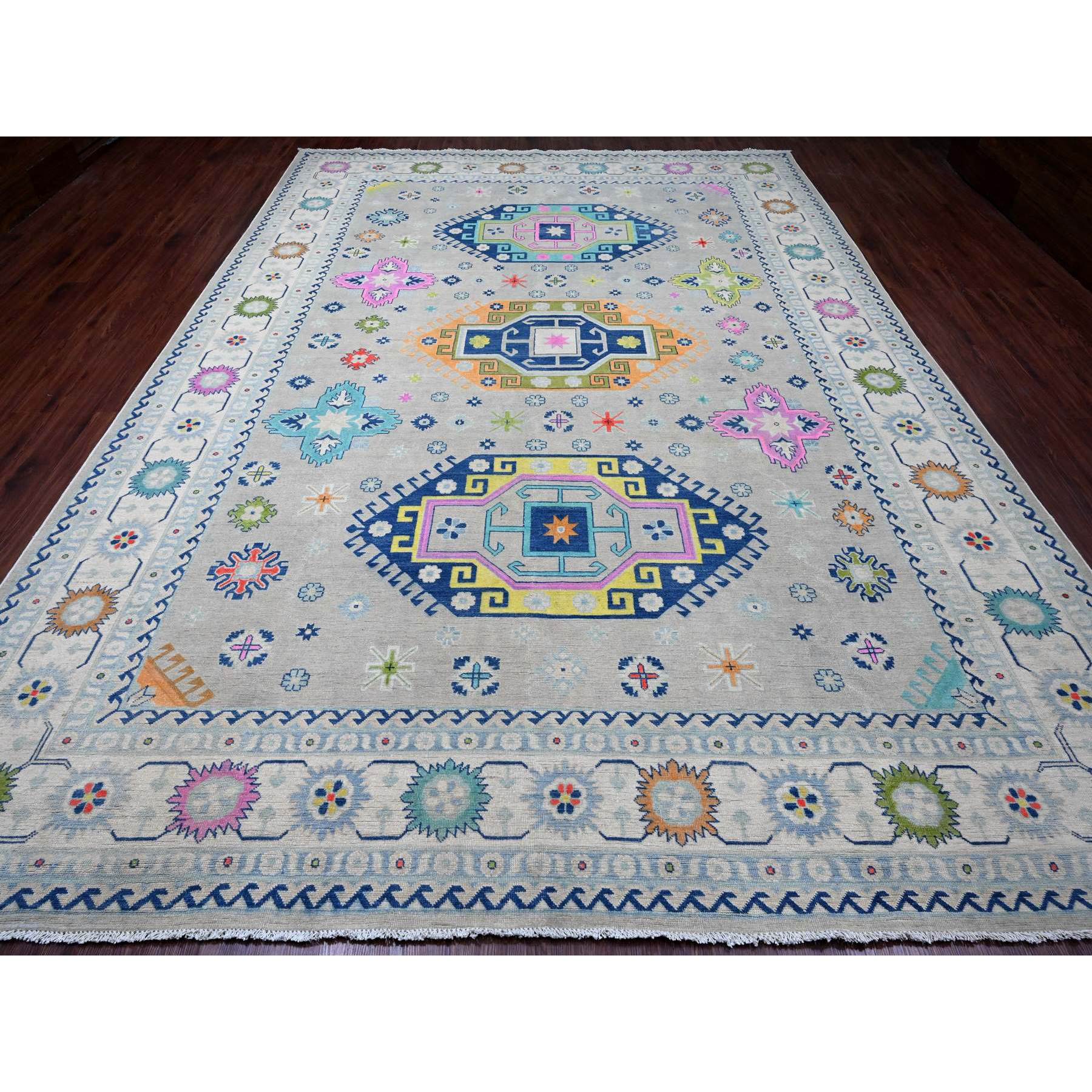 9'7"x13'4" Cloud Gray, Colorful Fusion Kazak, Caucasian Design with Geometric Medallions, 100% Wool, Hand Knotted, Oriental Rug HR20974 - Image 2