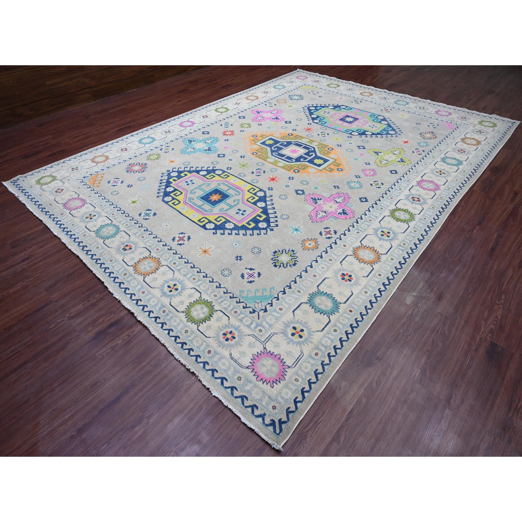 9'7"x13'4" Cloud Gray, Colorful Fusion Kazak, Caucasian Design with Geometric Medallions, 100% Wool, Hand Knotted, Oriental Rug HR20974 - Image 3