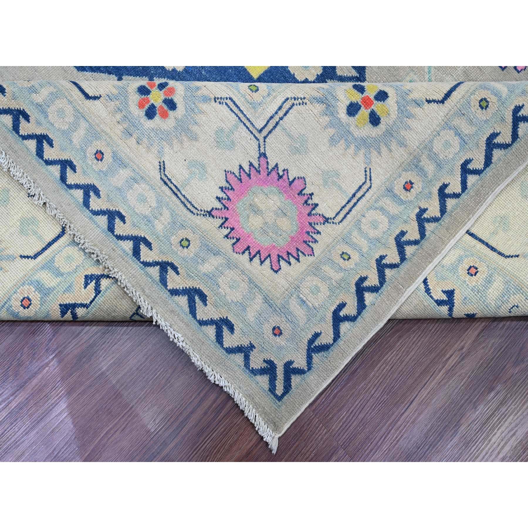9'7"x13'4" Cloud Gray, Colorful Fusion Kazak, Caucasian Design with Geometric Medallions, 100% Wool, Hand Knotted, Oriental Rug HR20974 - Image 6