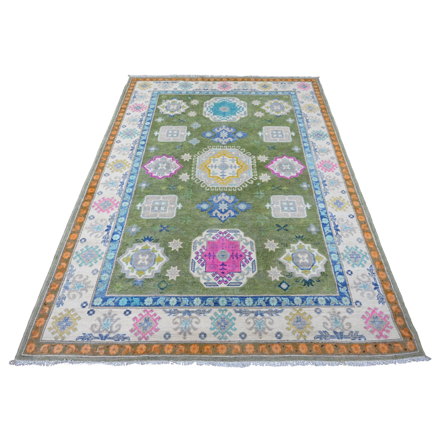5'6"x7'7" Moss Green, Colorful Fusion Kazak, Caucasian Design, Hand Knotted, 100% Wool, Oriental Rug HR20975