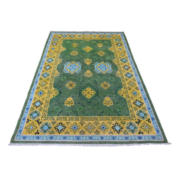 5'4"x7'6" Hunter Green, Colorful Fusion Kazak with Caucasian Design, Pure Wool, Hand Knotted, Oriental Rug HR20976