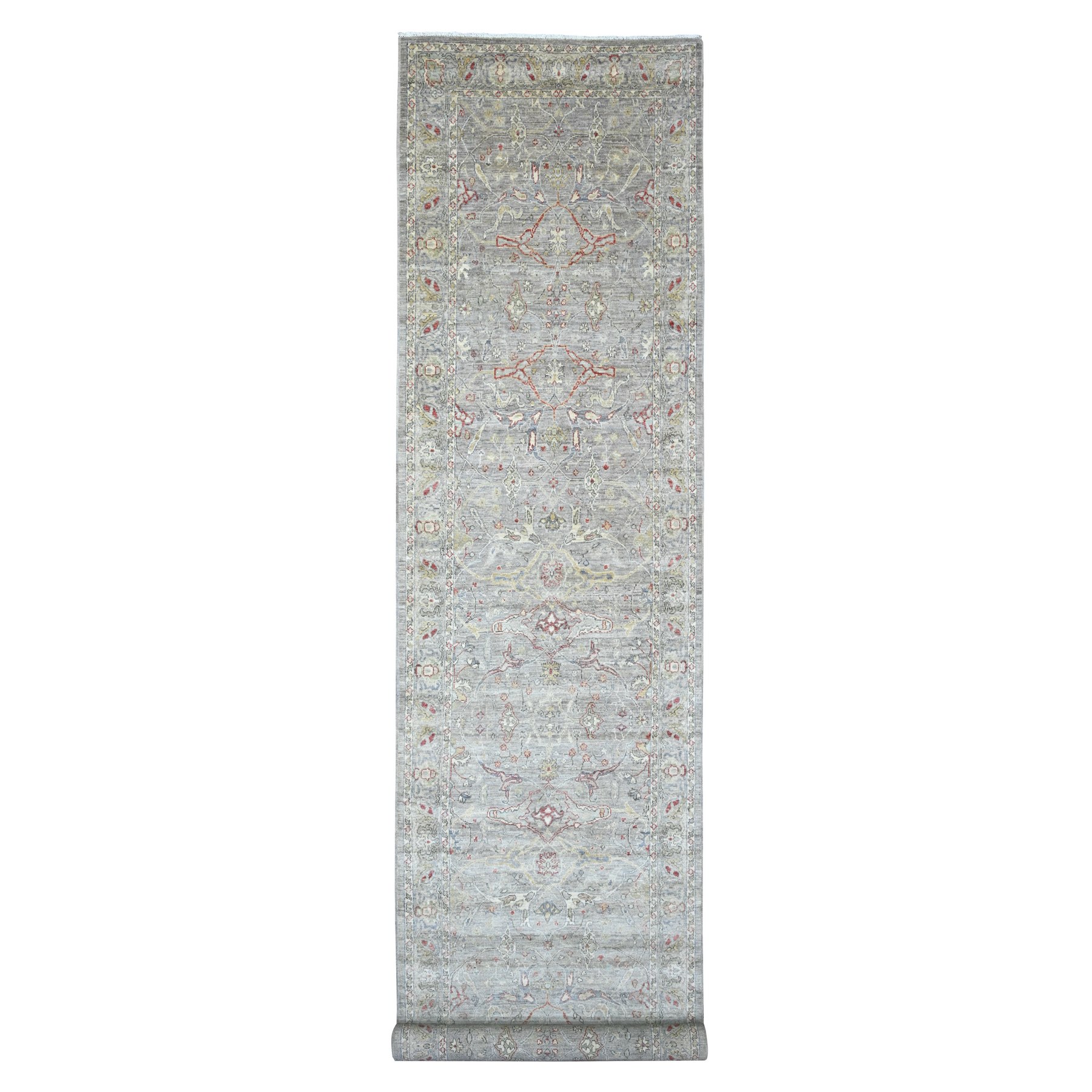 4'x19'3" Stone Gray, Peshawar with Bijar Garus Design, Hand Knotted, High Mountain Wool, Vegetable Dyes, Densely Woven, XL, Wide Runner, Oriental Rug HR20985