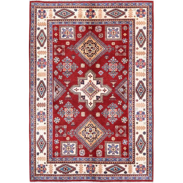 6'x8'10" Crimson Red, Afghan Special Kazak with Geometric Pattern, Hand Knotted, 100% Wool, Densely Woven, Natural Dyes, Oriental Rug HR315