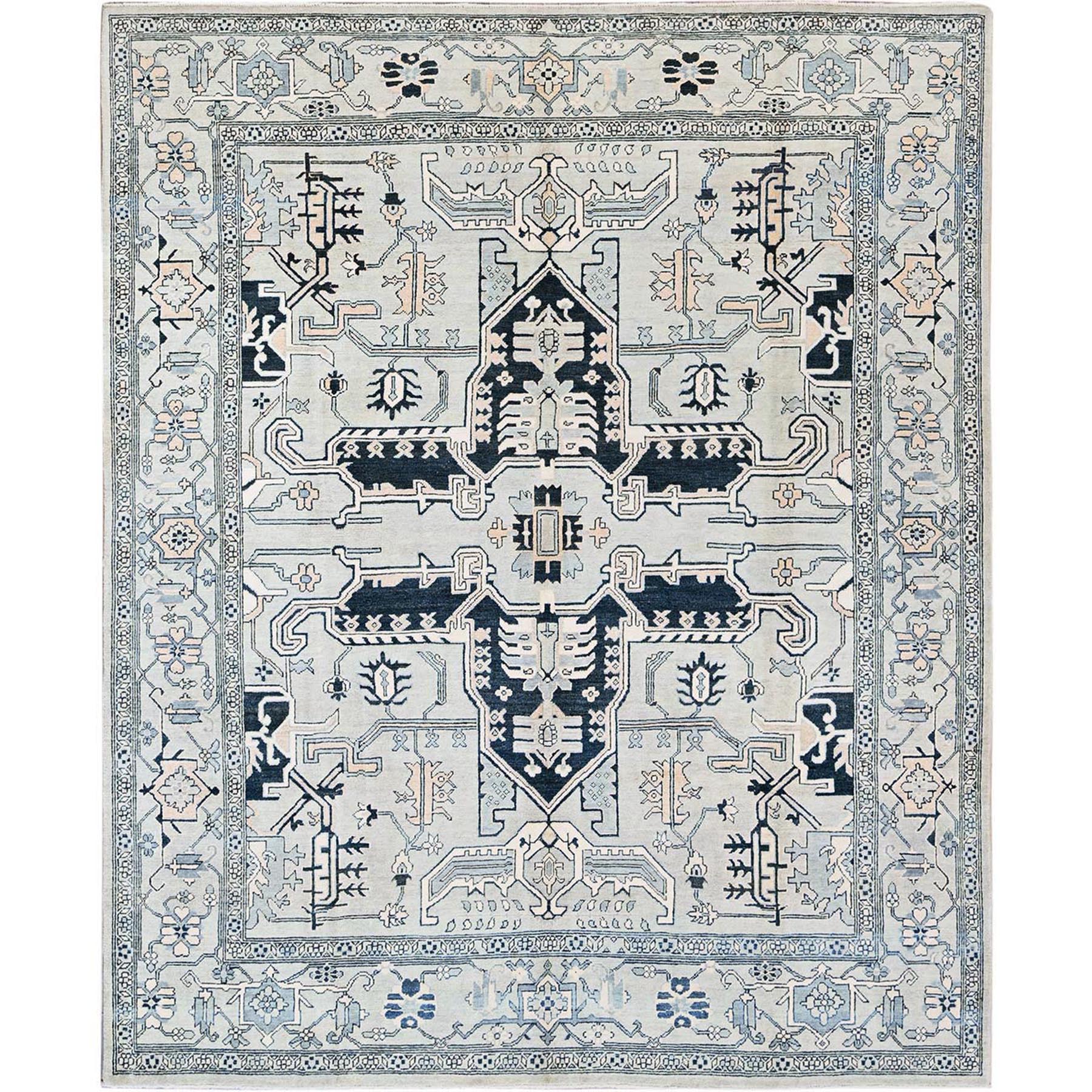 8'x9'9" Cloud Gray, Peshawar with Serapi Heriz Medallion Design, Hand Knotted, 100% Wool, Densely Woven, Oriental Rug HR321