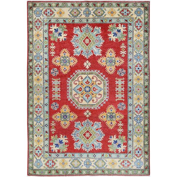 4'10"x6'10" Crimson Red, Kazak with All Over Tribal Motifs, Hand Knotted, Natural Dyes, Denser Weave, Soft Wool, Oriental Rug HR325