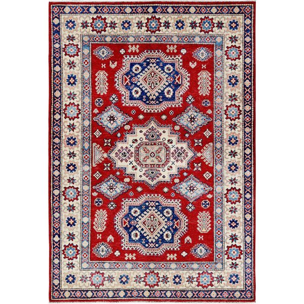 4'10"x7' Scarlet Red, Kazak with Geometric Medallions Design, Vegetable Dyes, Hand Knotted, Denser Weave, Pure Wool, Oriental Rug HR330