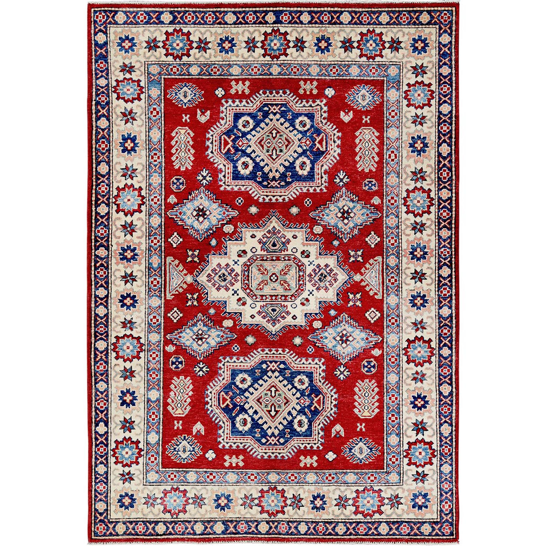4'10"x7' Scarlet Red, Kazak with Geometric Medallions Design, Vegetable Dyes, Hand Knotted, Denser Weave, Pure Wool, Oriental Rug HR330