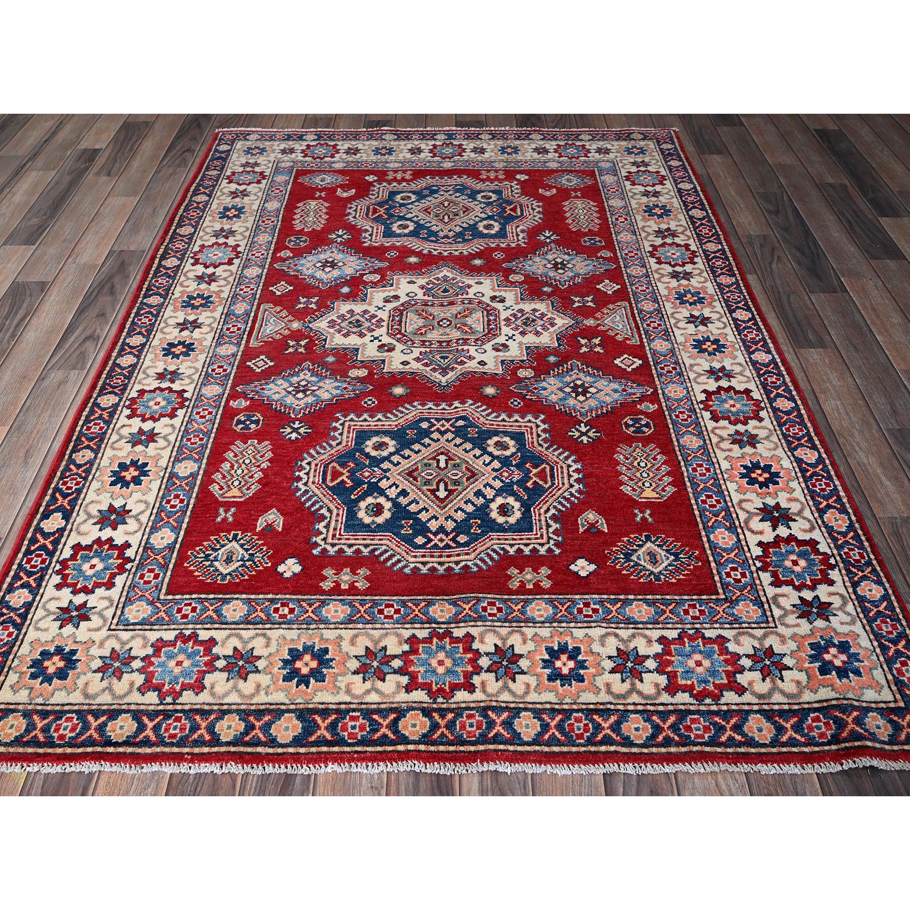 4'10"x7' Scarlet Red, Kazak with Geometric Medallions Design, Vegetable Dyes, Hand Knotted, Denser Weave, Pure Wool, Oriental Rug HR330 - Image 2