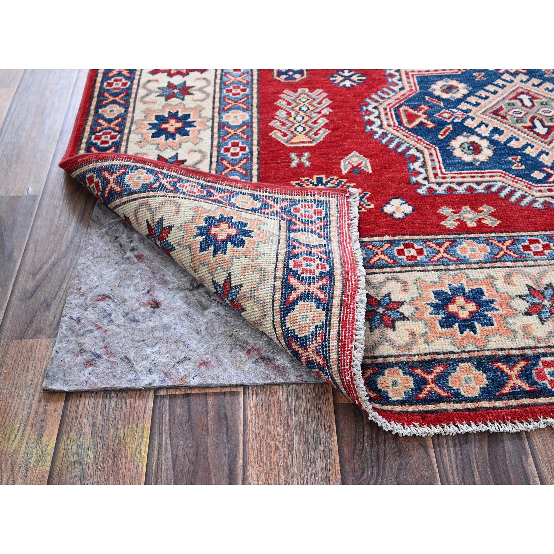 4'10"x7' Scarlet Red, Kazak with Geometric Medallions Design, Vegetable Dyes, Hand Knotted, Denser Weave, Pure Wool, Oriental Rug HR330 - Image 3