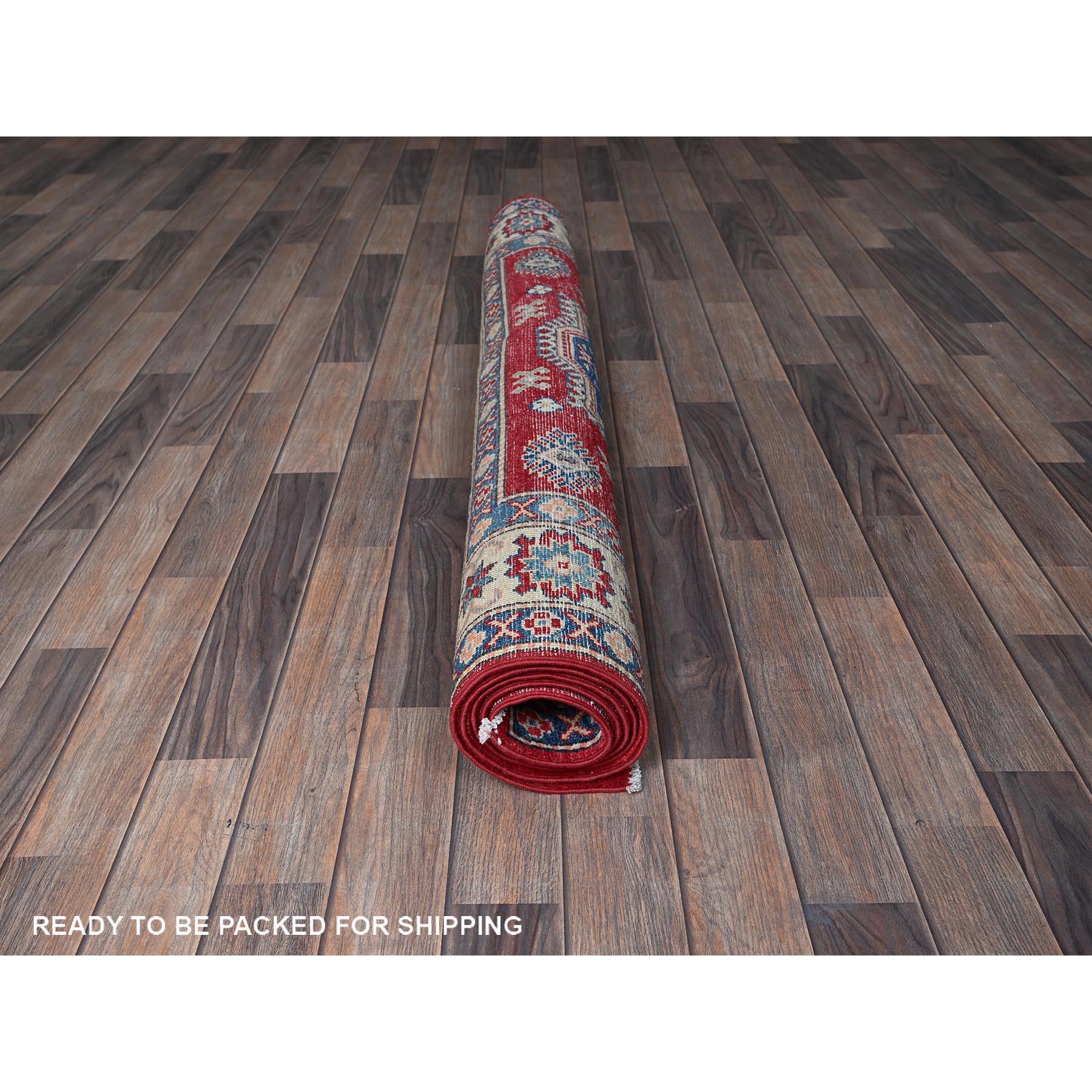 4'10"x7' Scarlet Red, Kazak with Geometric Medallions Design, Vegetable Dyes, Hand Knotted, Denser Weave, Pure Wool, Oriental Rug HR330 - Image 5