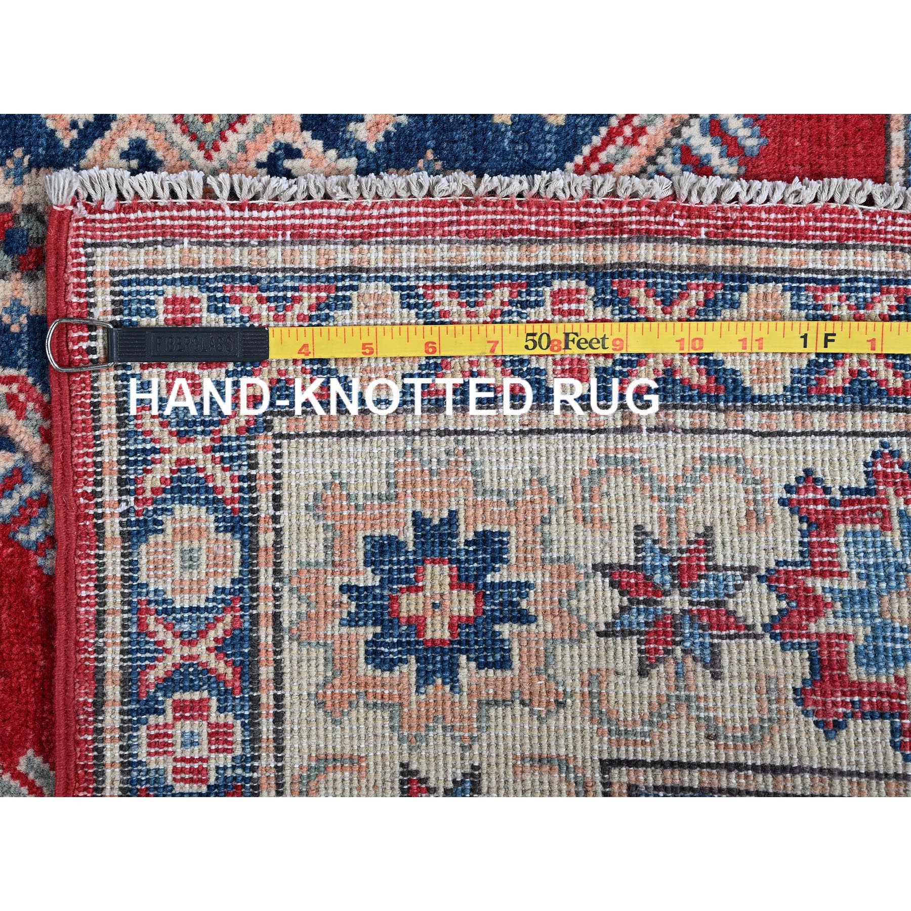 4'10"x7' Scarlet Red, Kazak with Geometric Medallions Design, Vegetable Dyes, Hand Knotted, Denser Weave, Pure Wool, Oriental Rug HR330 - Image 7