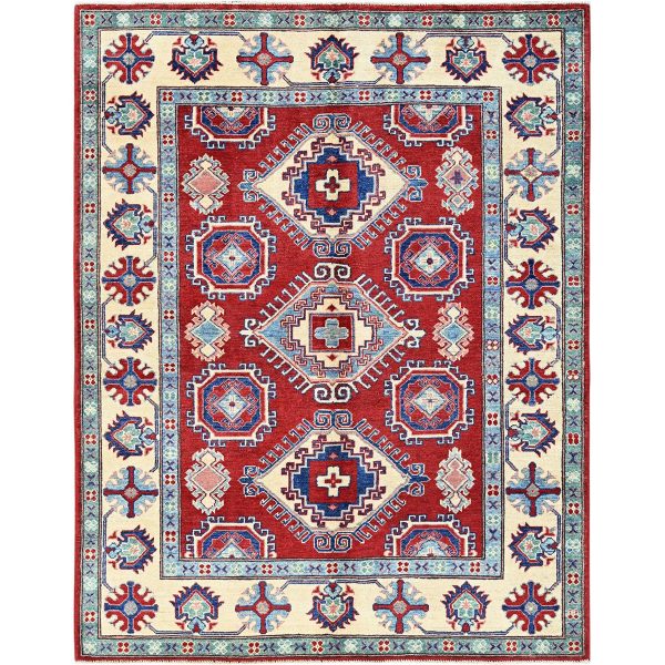5'1"x6'9" Berry Red, Hand Knotted, Kazak with All Over Tribal Motifs, Natural Dyes, Denser Weave, Soft Wool, Oriental Rug HR331