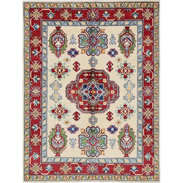 5'x6'6" Chiffon White, Kazak with Geometric Medallions Design, Vegetable Dyes, Hand Knotted, Denser Weave, 100% Wool, Oriental Rug HR332