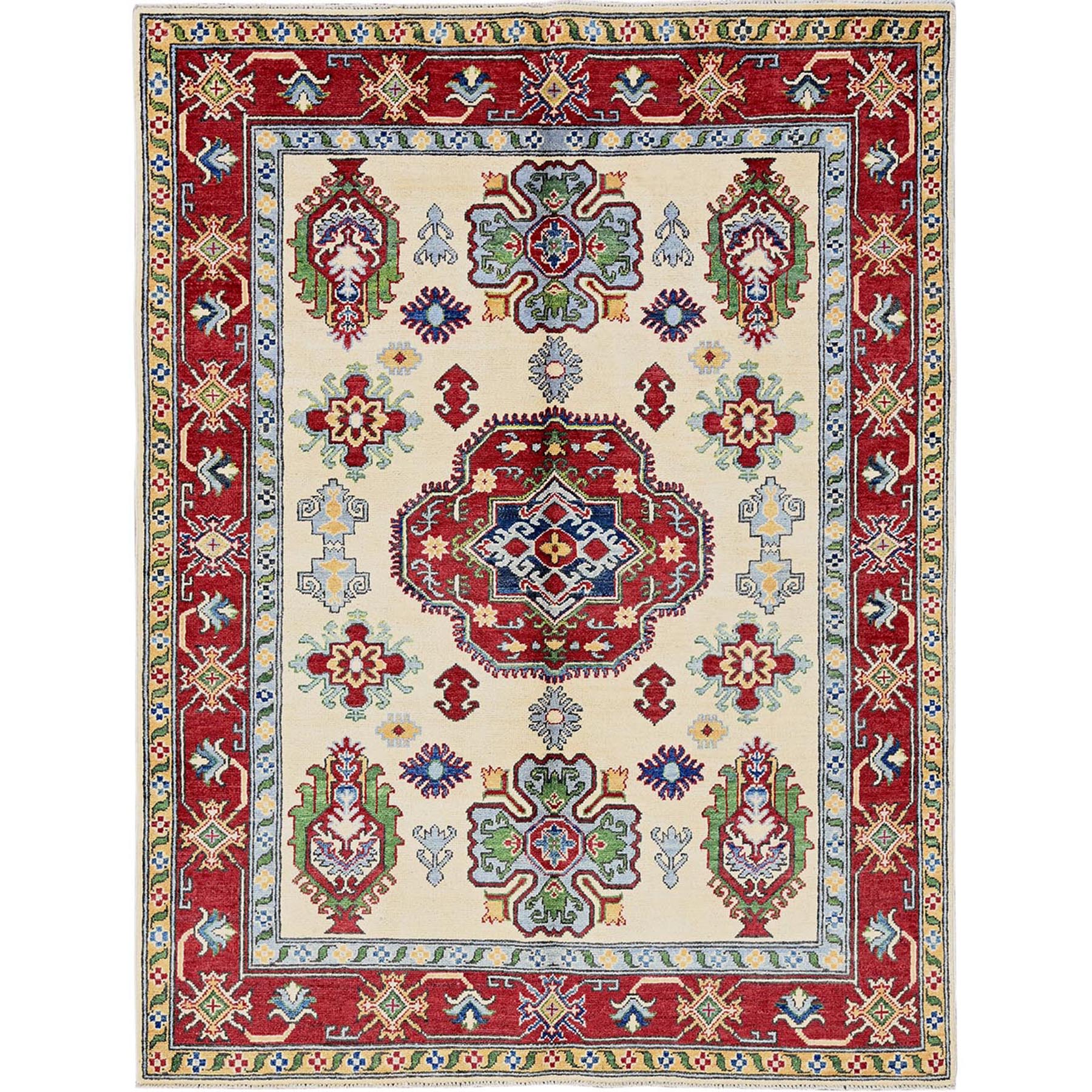 5'x6'6" Chiffon White, Kazak with Geometric Medallions Design, Vegetable Dyes, Hand Knotted, Denser Weave, 100% Wool, Oriental Rug HR332