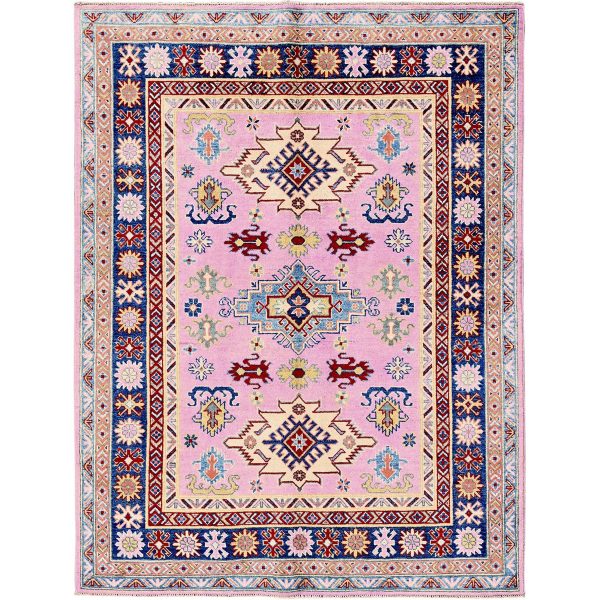 5'x6'7" Aurora Pink, Kazak with Geometric Medallions Design, Hand Knotted, Vegetable Dyes, Denser Weave, Pure Wool, Oriental Rug HR334