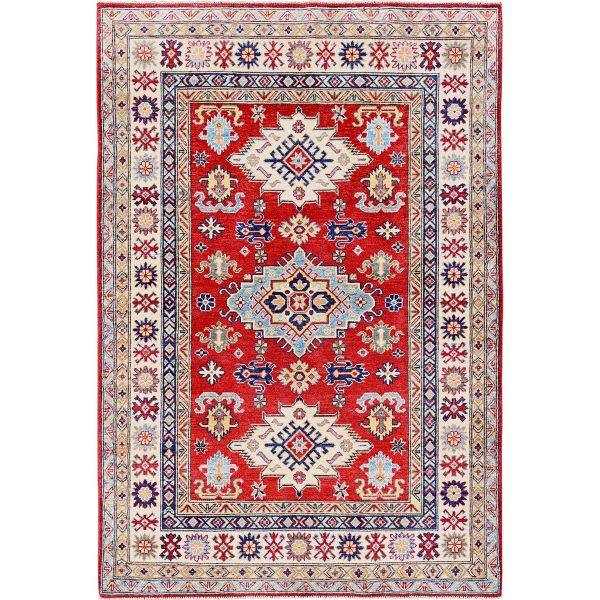 4'9"x7'1" Berry Red, Kazak with Tribal Medallions Design, Soft Wool, Vegetable Dyes, Hand Knotted, Denser Weave, Oriental Rug HR335