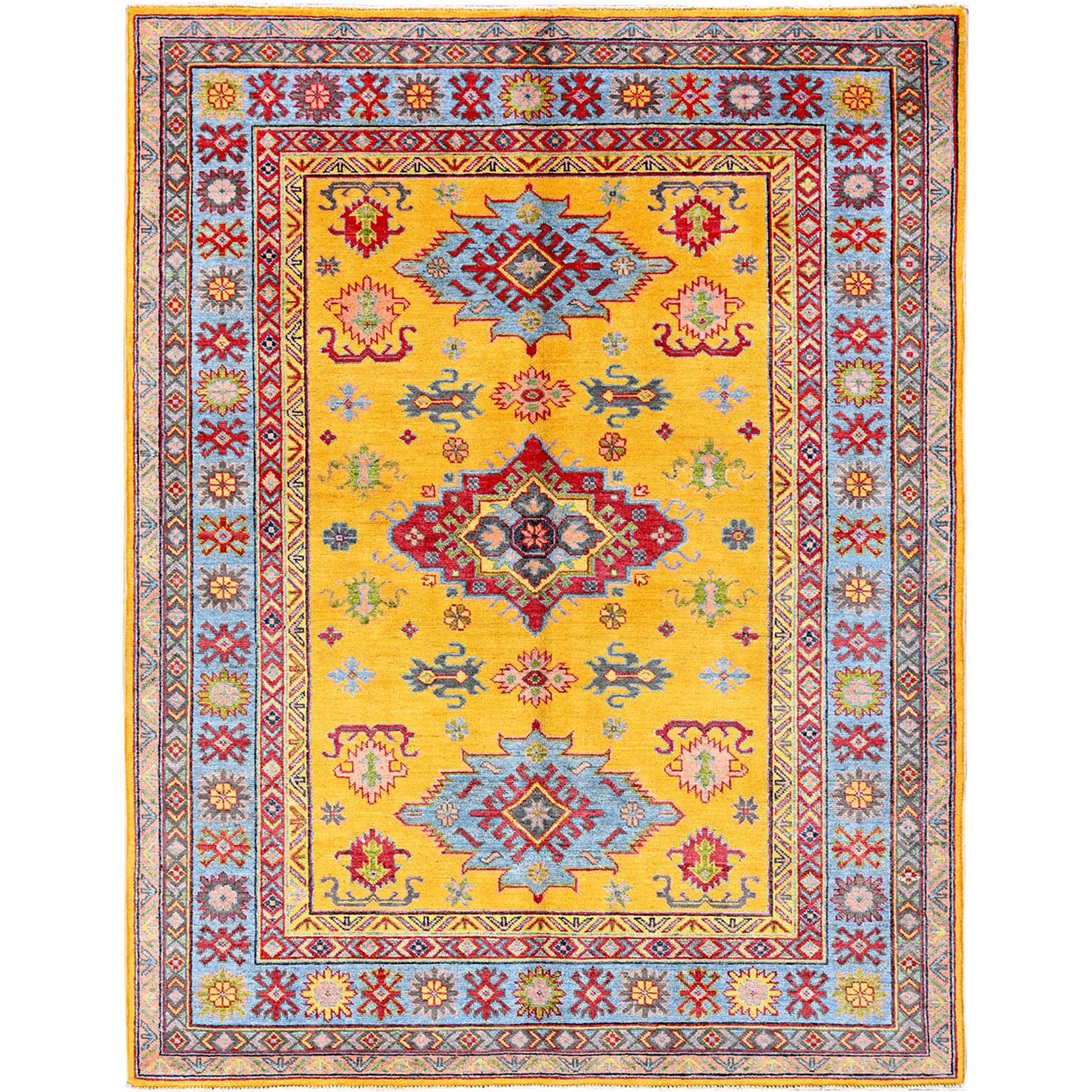 5'2"x6'7" Golden Yellow, Kazak with Geometric Medallions Design, Hand Knotted, Denser Weave, Vegetable Dyes, Soft and Vibrant Wool, Oriental Rug HR336
