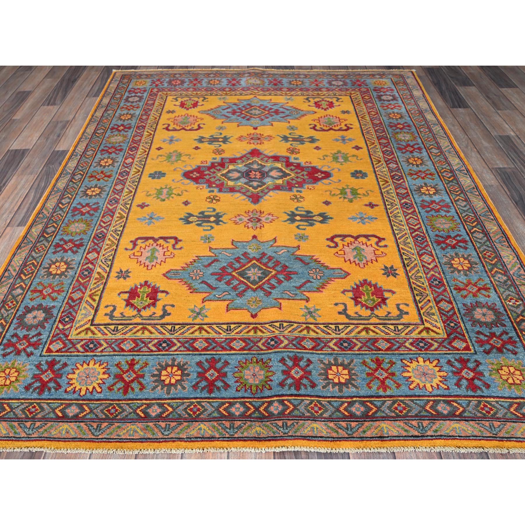 5'2"x6'7" Golden Yellow, Kazak with Geometric Medallions Design, Hand Knotted, Denser Weave, Vegetable Dyes, Soft and Vibrant Wool, Oriental Rug HR336 - Image 2