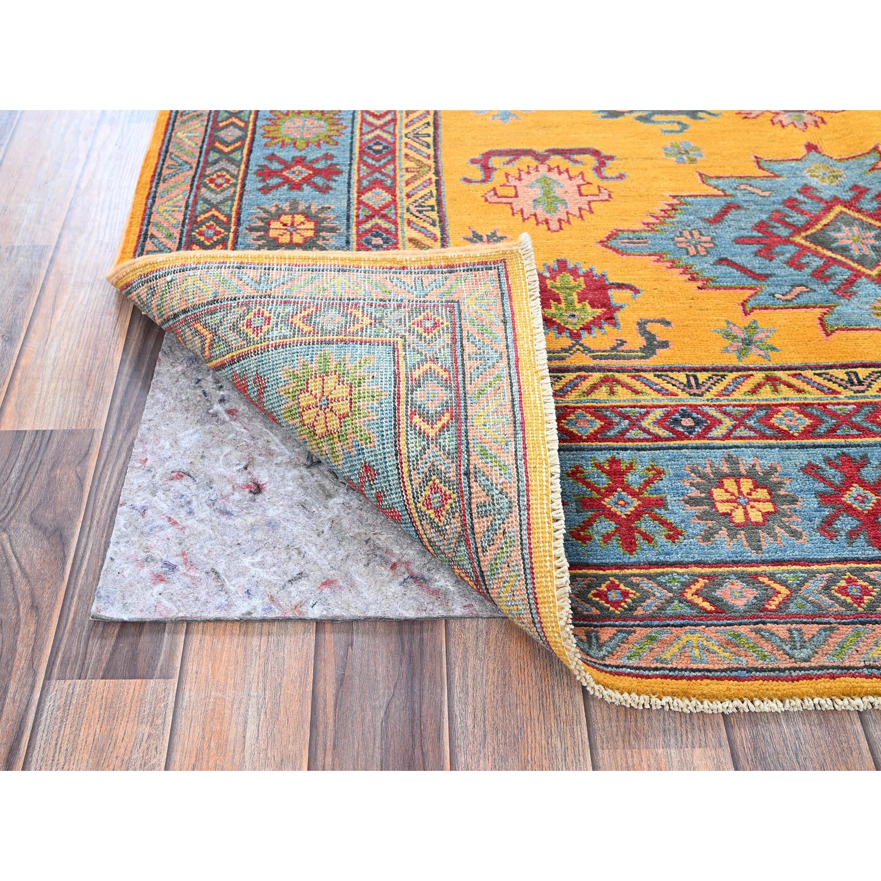 5'2"x6'7" Golden Yellow, Kazak with Geometric Medallions Design, Hand Knotted, Denser Weave, Vegetable Dyes, Soft and Vibrant Wool, Oriental Rug HR336 - Image 3