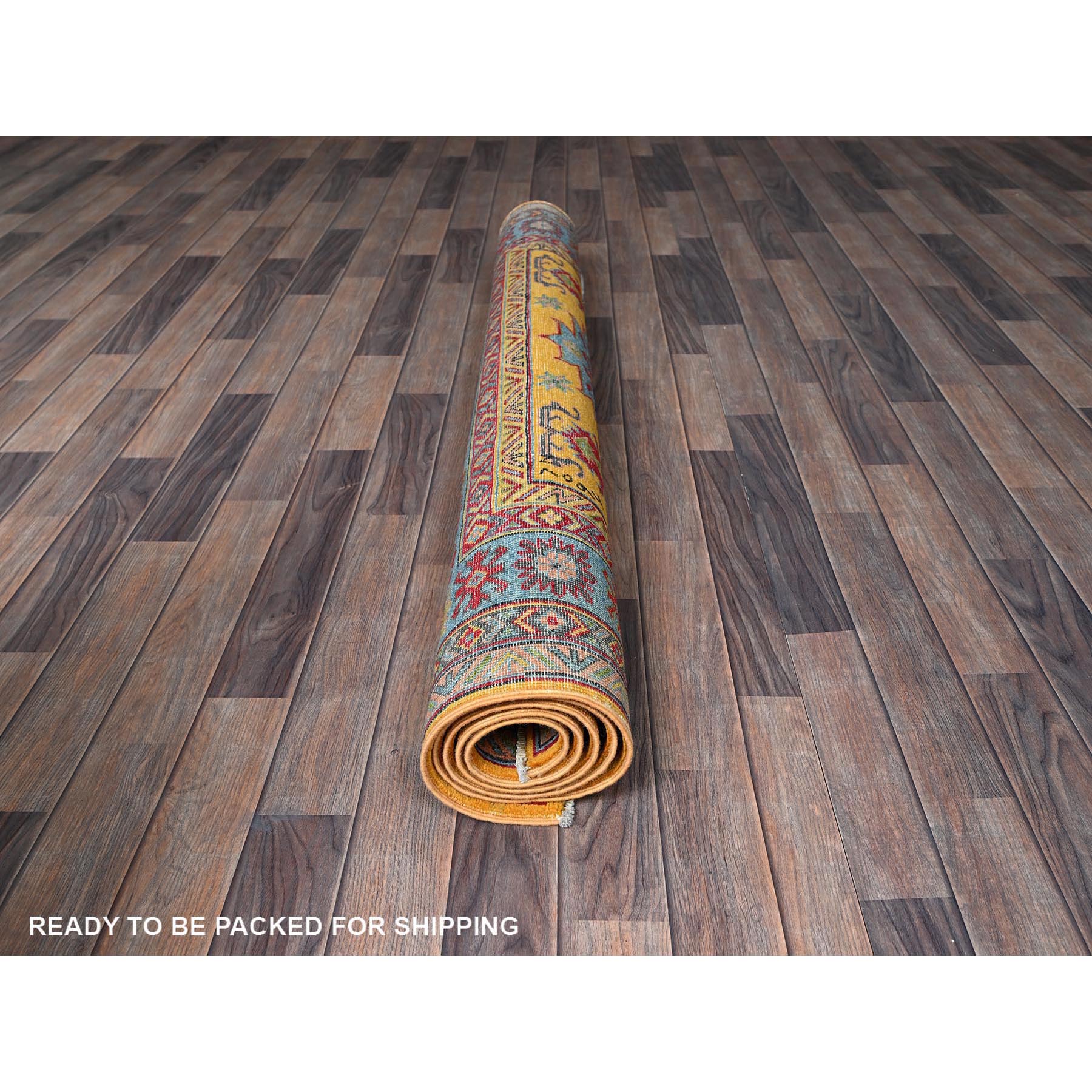 5'2"x6'7" Golden Yellow, Kazak with Geometric Medallions Design, Hand Knotted, Denser Weave, Vegetable Dyes, Soft and Vibrant Wool, Oriental Rug HR336 - Image 5