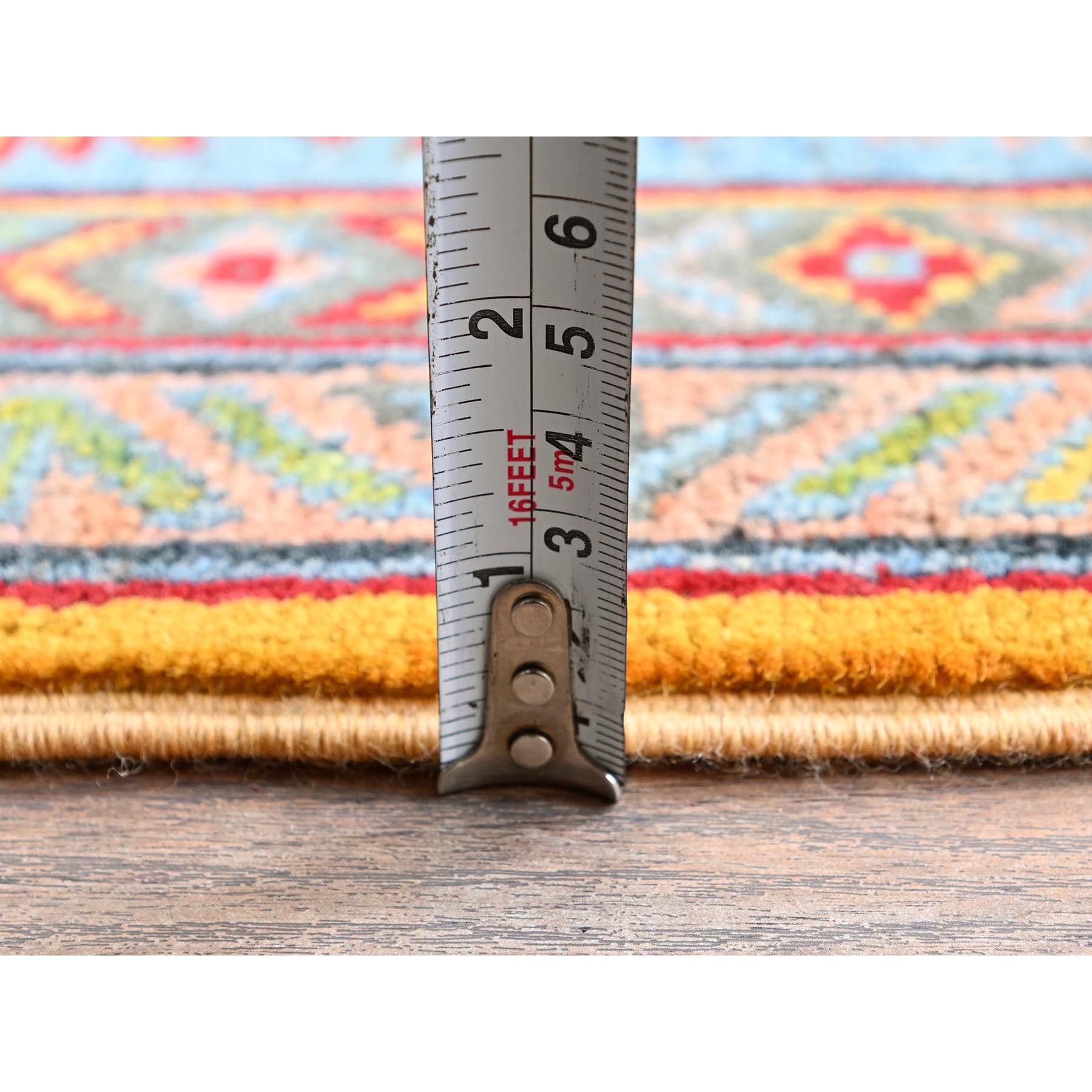 5'2"x6'7" Golden Yellow, Kazak with Geometric Medallions Design, Hand Knotted, Denser Weave, Vegetable Dyes, Soft and Vibrant Wool, Oriental Rug HR336 - Image 6