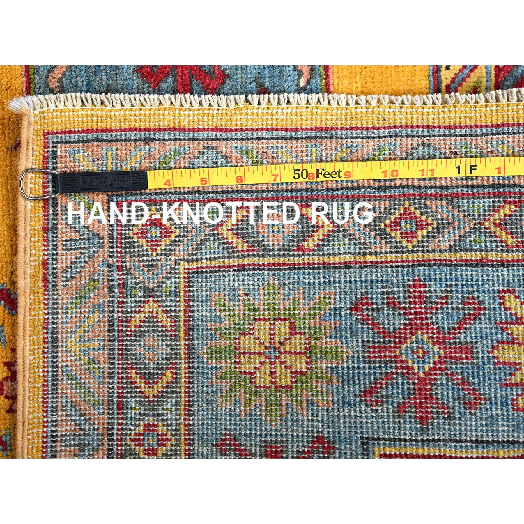 5'2"x6'7" Golden Yellow, Kazak with Geometric Medallions Design, Hand Knotted, Denser Weave, Vegetable Dyes, Soft and Vibrant Wool, Oriental Rug HR336 - Image 7