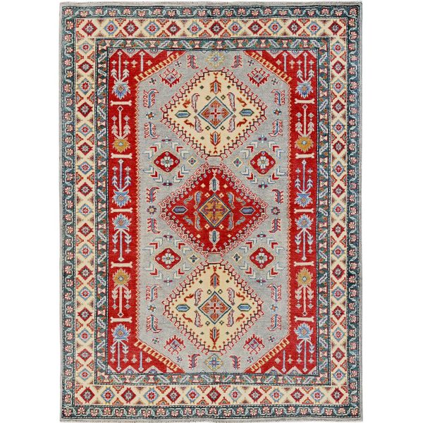 5'1"x7' Misty Gray with Crimson Red, Kazak with Geometric Medallions Design, Pure Wool, Vegetable Dyes, Hand Knotted, Denser Weave, Oriental Rug HR337