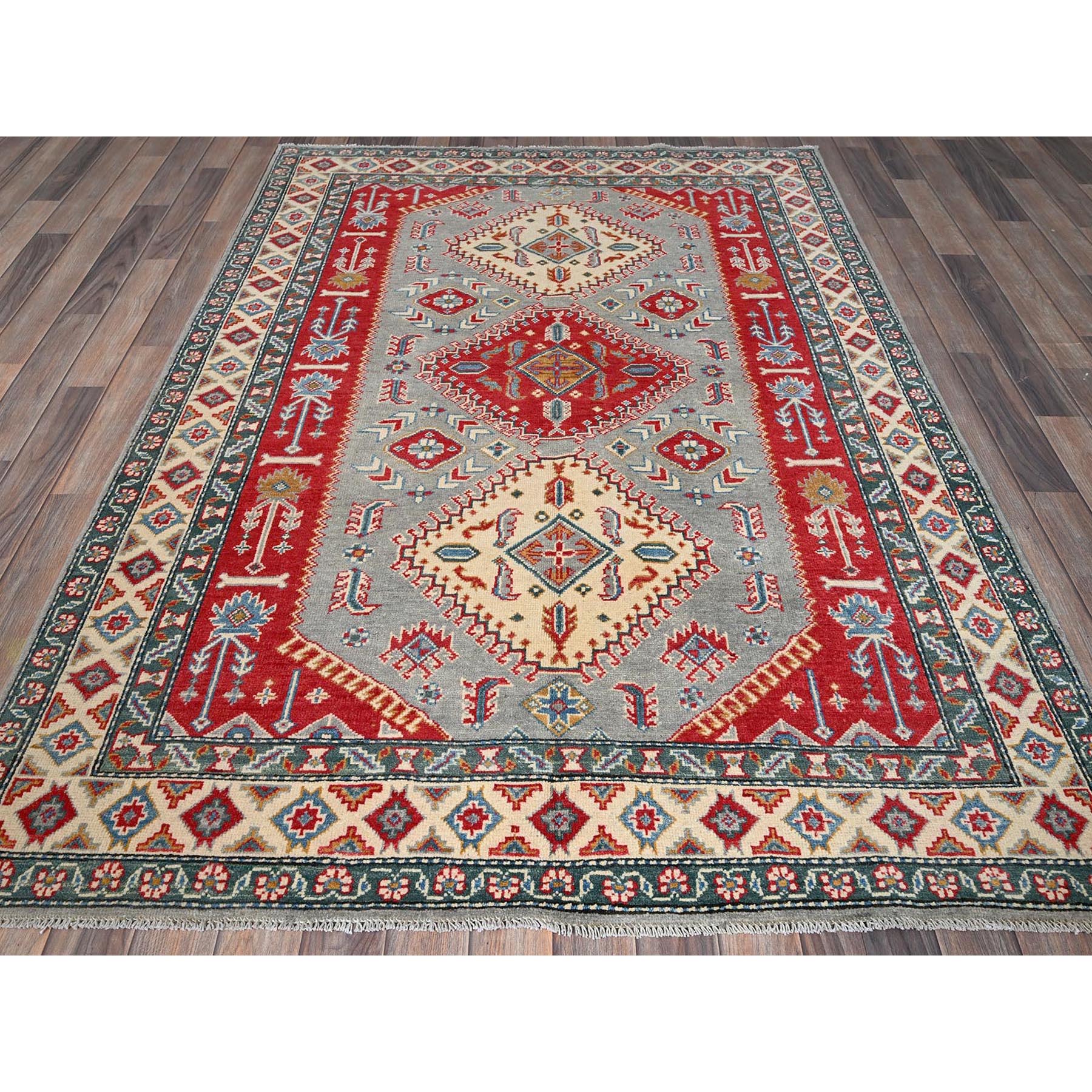 5'1"x7' Misty Gray with Crimson Red, Kazak with Geometric Medallions Design, Pure Wool, Vegetable Dyes, Hand Knotted, Denser Weave, Oriental Rug HR337 - Image 2