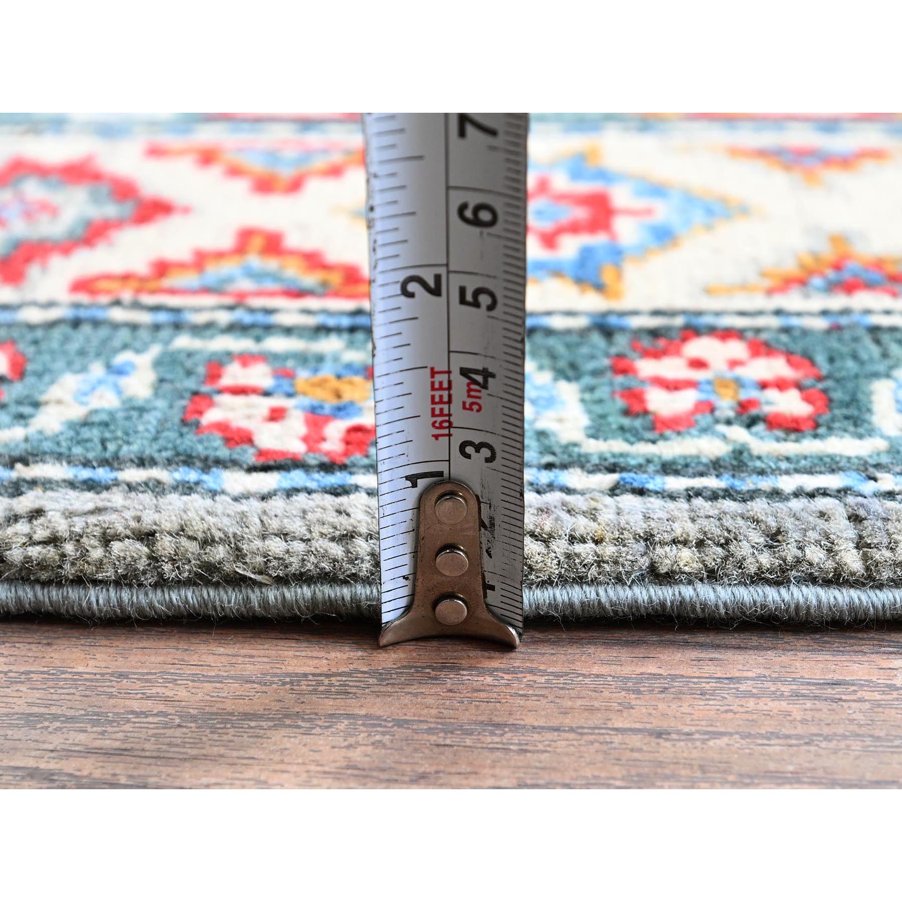 5'1"x7' Misty Gray with Crimson Red, Kazak with Geometric Medallions Design, Pure Wool, Vegetable Dyes, Hand Knotted, Denser Weave, Oriental Rug HR337 - Image 6