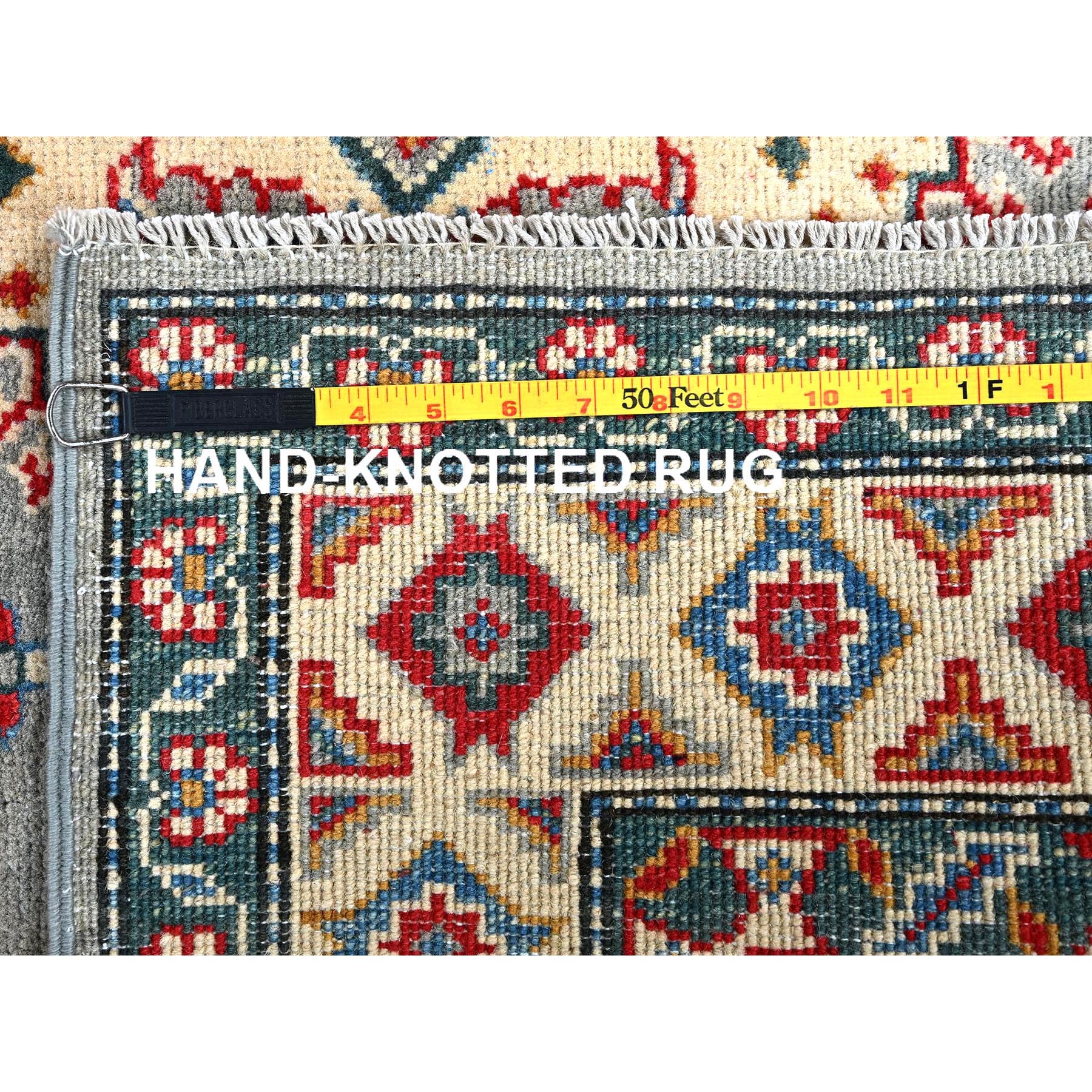 5'1"x7' Misty Gray with Crimson Red, Kazak with Geometric Medallions Design, Pure Wool, Vegetable Dyes, Hand Knotted, Denser Weave, Oriental Rug HR337 - Image 7